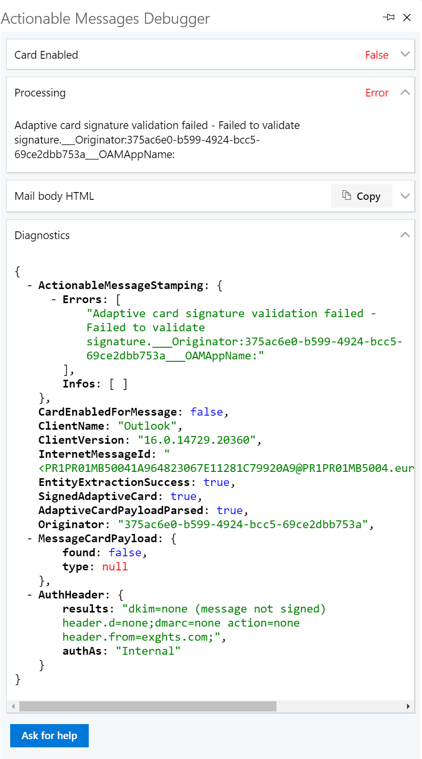 Fixing card signature validation in Outlook Actionable Cards